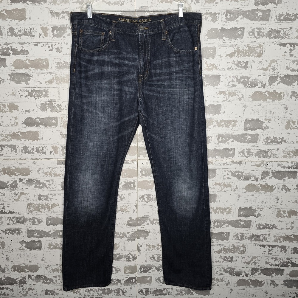 American Eagle Jeans Mens 38x35‎ Relaxed Straight Leg Dark Wash Whiskered Denim